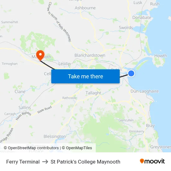 Ferry Terminal to St Patrick's College Maynooth map