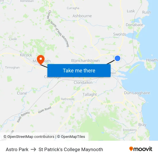 Astro Park to St Patrick's College Maynooth map