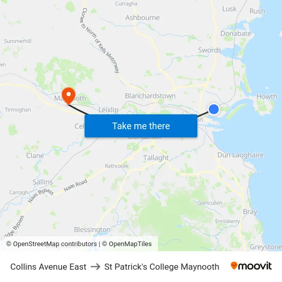 Collins Avenue East to St Patrick's College Maynooth map