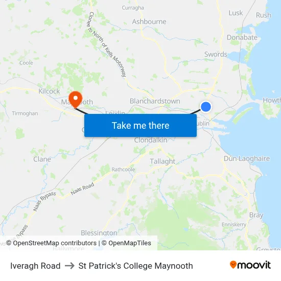 Iveragh Road to St Patrick's College Maynooth map