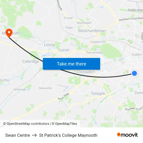 Swan Centre to St Patrick's College Maynooth map