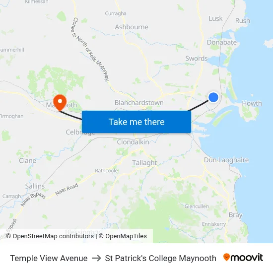 Temple View Avenue to St Patrick's College Maynooth map