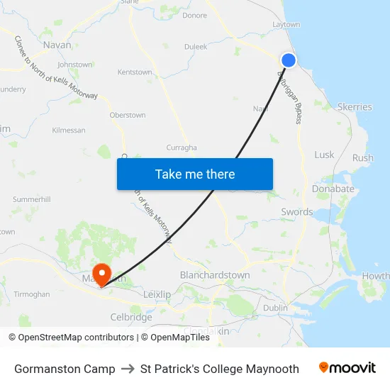 Gormanston Camp to St Patrick's College Maynooth map
