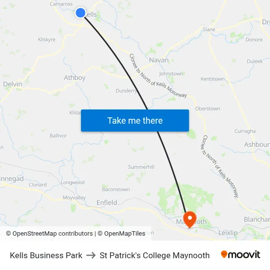 Kells Business Park to St Patrick's College Maynooth map
