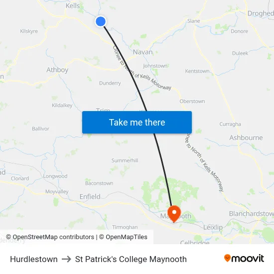 Hurdlestown to St Patrick's College Maynooth map