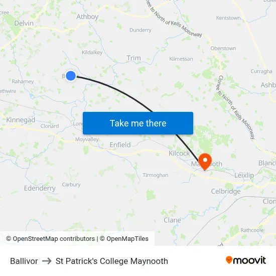 Ballivor to St Patrick's College Maynooth map