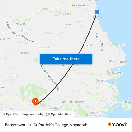 Bettystown to St Patrick's College Maynooth map