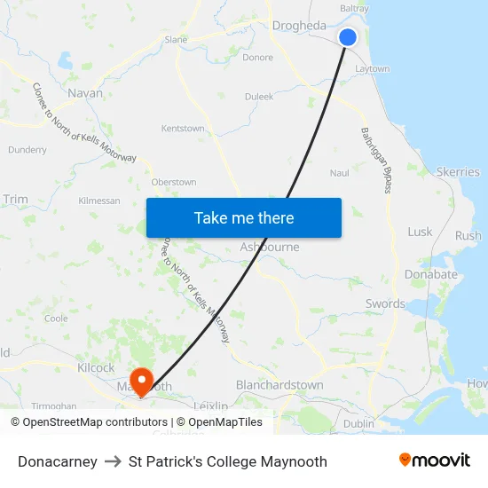Donacarney to St Patrick's College Maynooth map