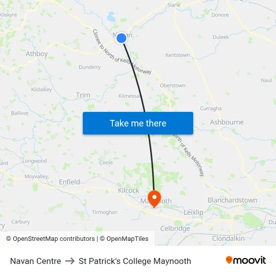 Navan Centre to St Patrick's College Maynooth map