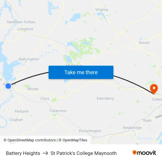 Battery Heights to St Patrick's College Maynooth map