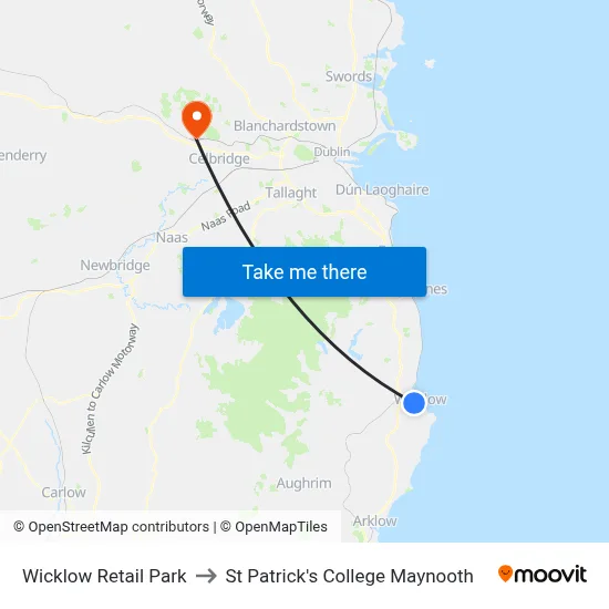 Wicklow Retail Park to St Patrick's College Maynooth map