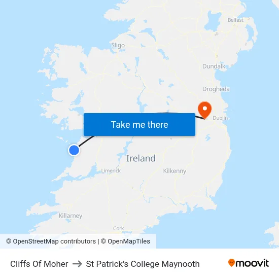 Cliffs Of Moher to St Patrick's College Maynooth map