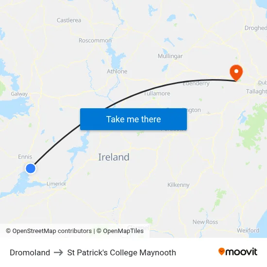 Dromoland to St Patrick's College Maynooth map