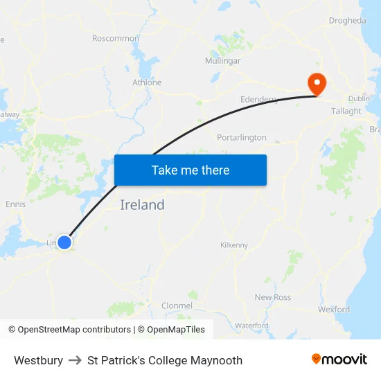 Westbury to St Patrick's College Maynooth map