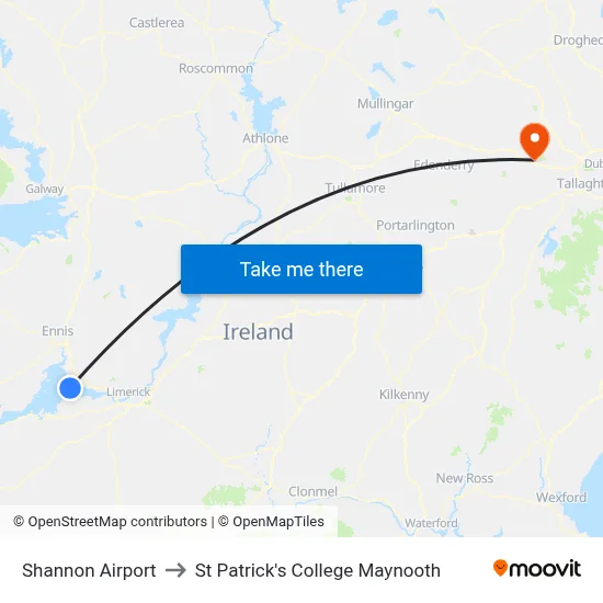 Shannon Airport to St Patrick's College Maynooth map