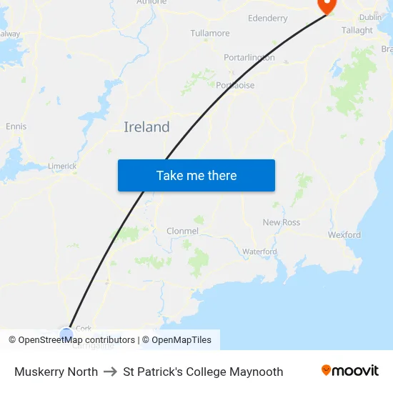 Muskerry North to St Patrick's College Maynooth map