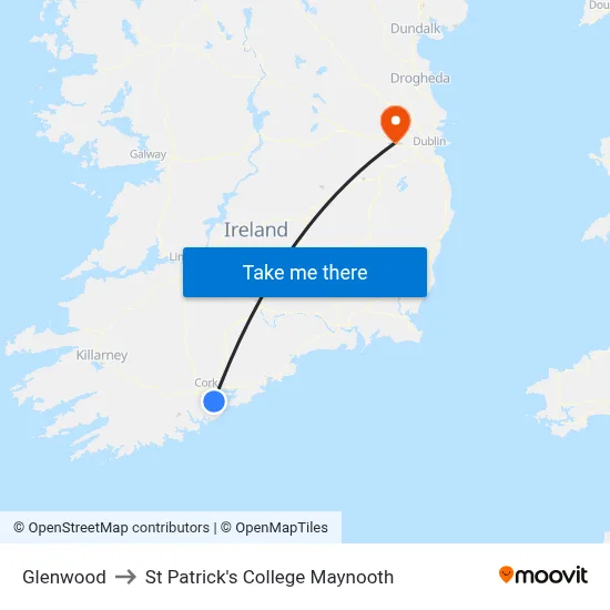 Glenwood to St Patrick's College Maynooth map