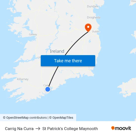 Carrig Na Curra to St Patrick's College Maynooth map