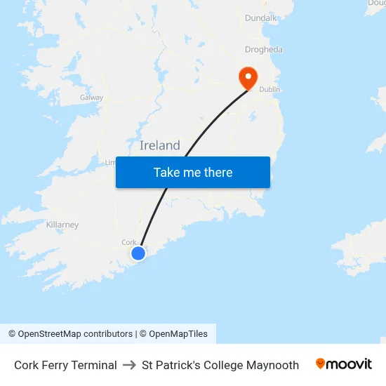 Cork Ferry Terminal to St Patrick's College Maynooth map