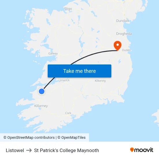 Listowel to St Patrick's College Maynooth map