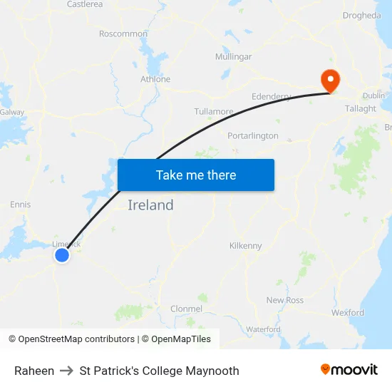 Raheen to St Patrick's College Maynooth map