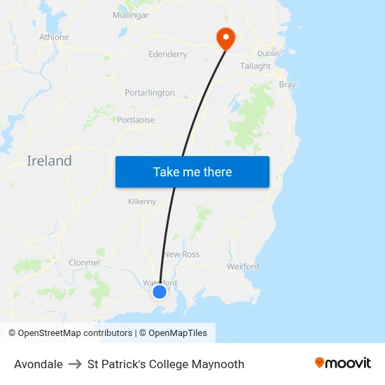 Avondale to St Patrick's College Maynooth map