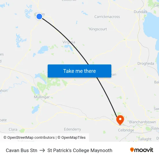 Cavan Bus Stn to St Patrick's College Maynooth map
