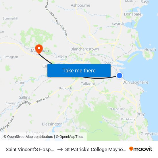 Saint Vincent'S Hospital to St Patrick's College Maynooth map