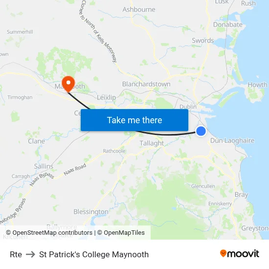 Rte to St Patrick's College Maynooth map
