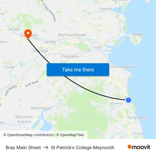 Bray Main Street to St Patrick's College Maynooth map