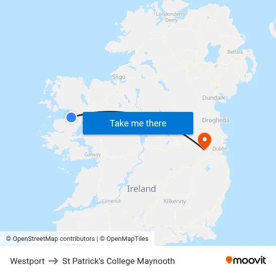 Westport to St Patrick's College Maynooth map
