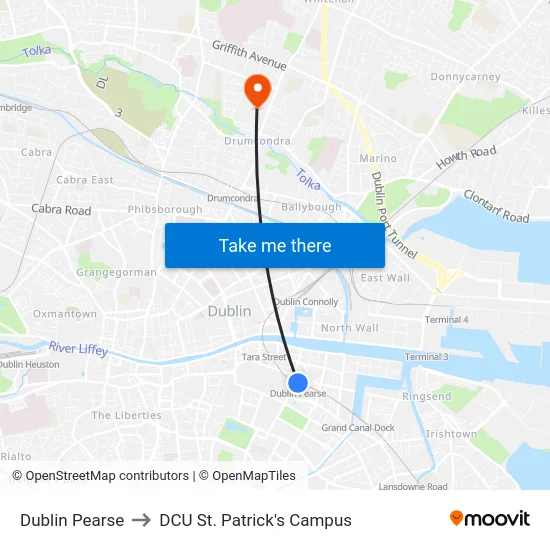 Dublin Pearse to DCU St. Patrick's Campus map