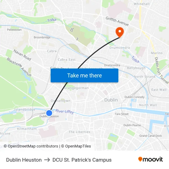 Dublin Heuston to DCU St. Patrick's Campus map