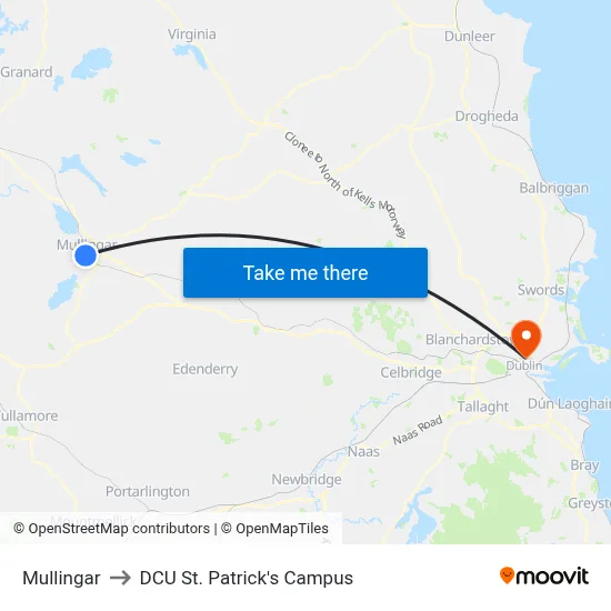 Mullingar to DCU St. Patrick's Campus map