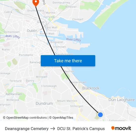 Deansgrange Cemetery to DCU St. Patrick's Campus map