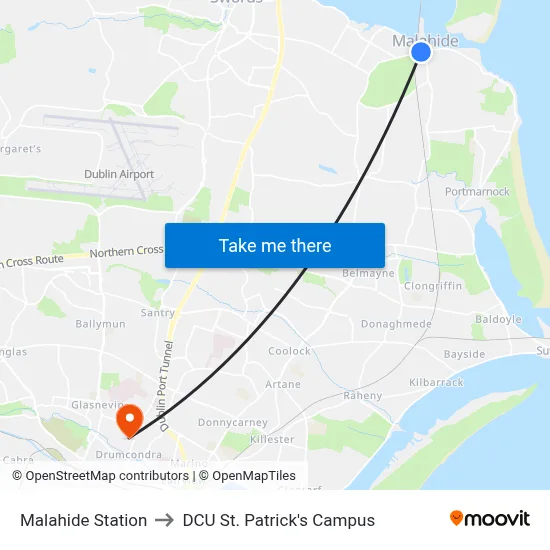 Malahide Station to DCU St. Patrick's Campus map