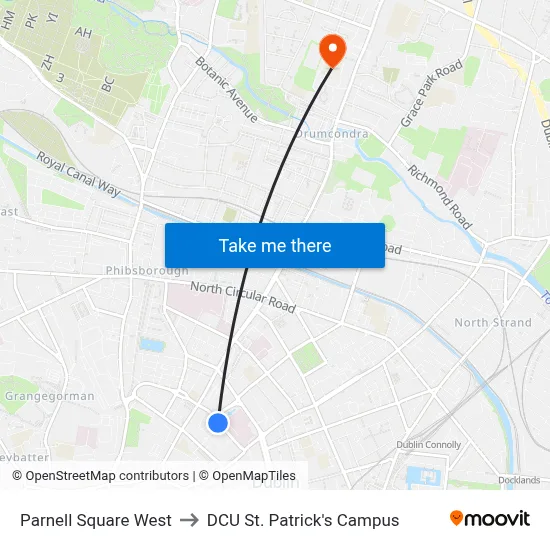 Parnell Square West to DCU St. Patrick's Campus map