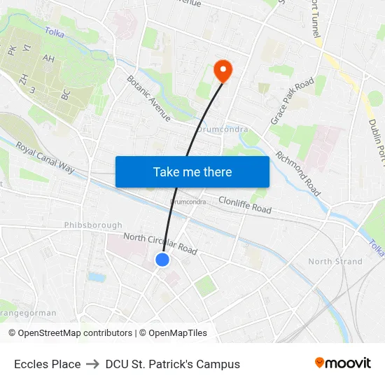 Eccles Place to DCU St. Patrick's Campus map