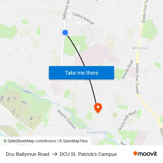 Dcu Ballymun Road to DCU St. Patrick's Campus map