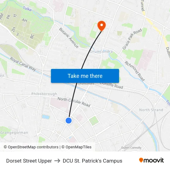 Dorset Street Upper to DCU St. Patrick's Campus map