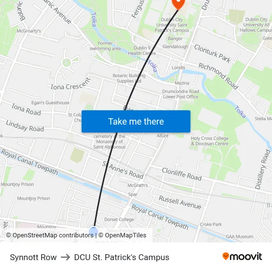 Synnott Row to DCU St. Patrick's Campus map