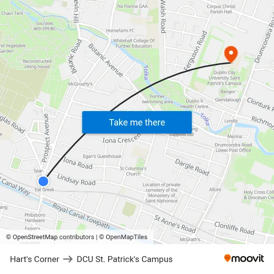 Hart's Corner to DCU St. Patrick's Campus map
