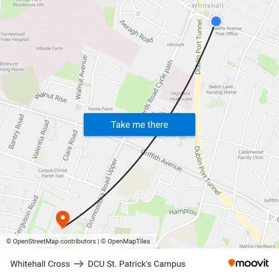 Whitehall Cross to DCU St. Patrick's Campus map