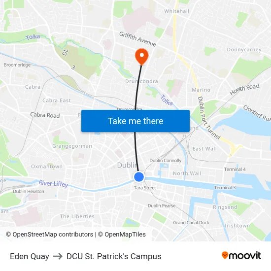 Eden Quay to DCU St. Patrick's Campus map