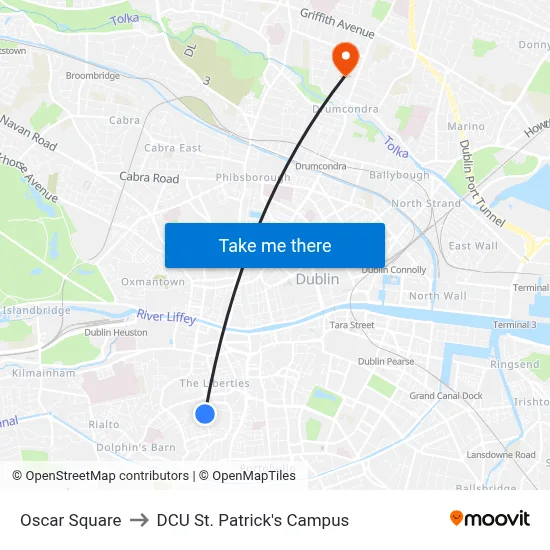 Oscar Square to DCU St. Patrick's Campus map