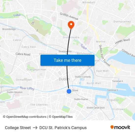 College Street to DCU St. Patrick's Campus map