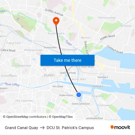 Grand Canal Quay to DCU St. Patrick's Campus map