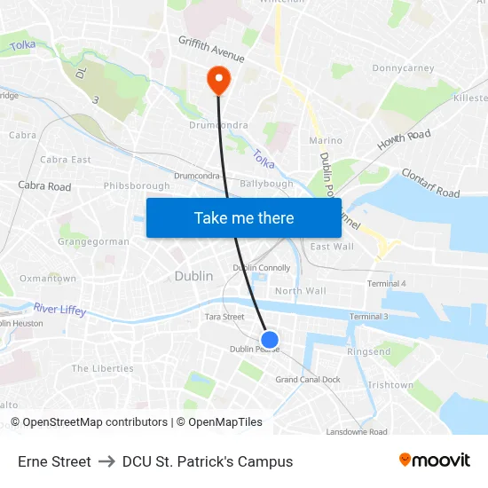 Erne Street to DCU St. Patrick's Campus map