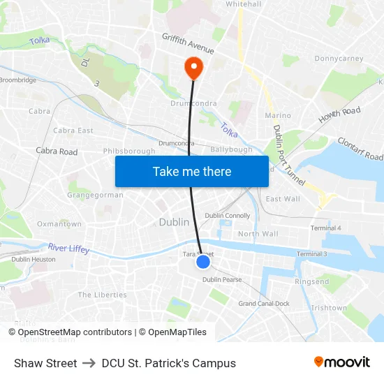 Shaw Street to DCU St. Patrick's Campus map