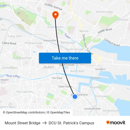 Mount Street Bridge to DCU St. Patrick's Campus map